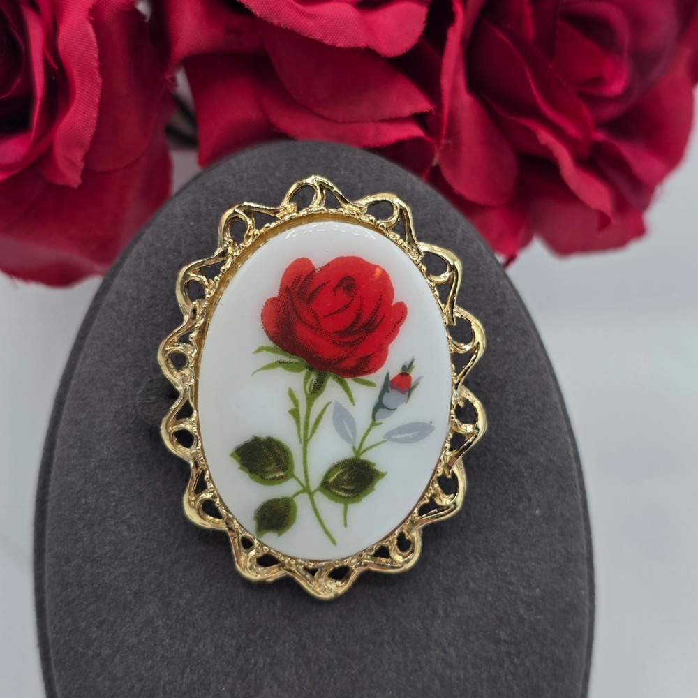 Vintage Style Red Rose Floral Oval Brooch Gold Tone Filigree Frame Victorian Pin